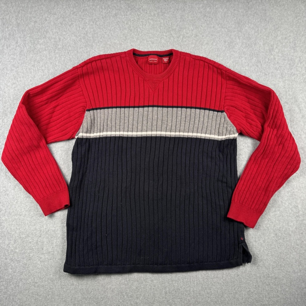 Arrow Sweater Mens Large Red Blue Gray Colorblock Ribbed Knit Cotton Crew‎ Y2K